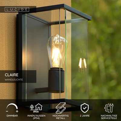 Lucide CLAIRE - Wandleuchte Innen/Außen - 1xE27 - IP54 - Anthrazit